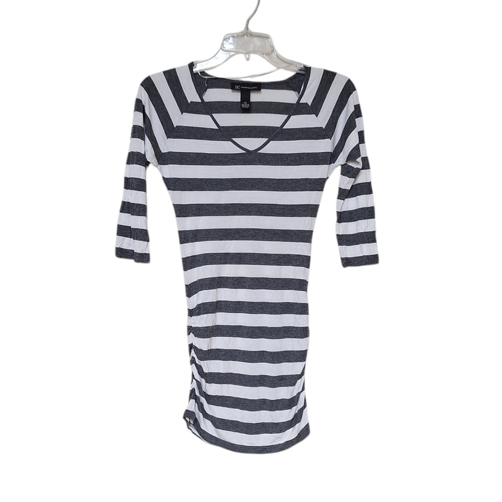 INC Jersey T Shirt Dress 3/4 Sleeve Rugby Stripe V Neck Rayon Mini Womens XS